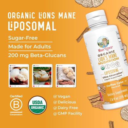 MaryRuth Organics Lions Mane Supplement | Ultra Absorption Liposomal | Full Spectrum Lion's Mane Mushroom | 200mg Beta-Glucans Per Serving | USDA Organic | Vegan | 7.6 oz | 15 Servings - Maple Wellness Supplements