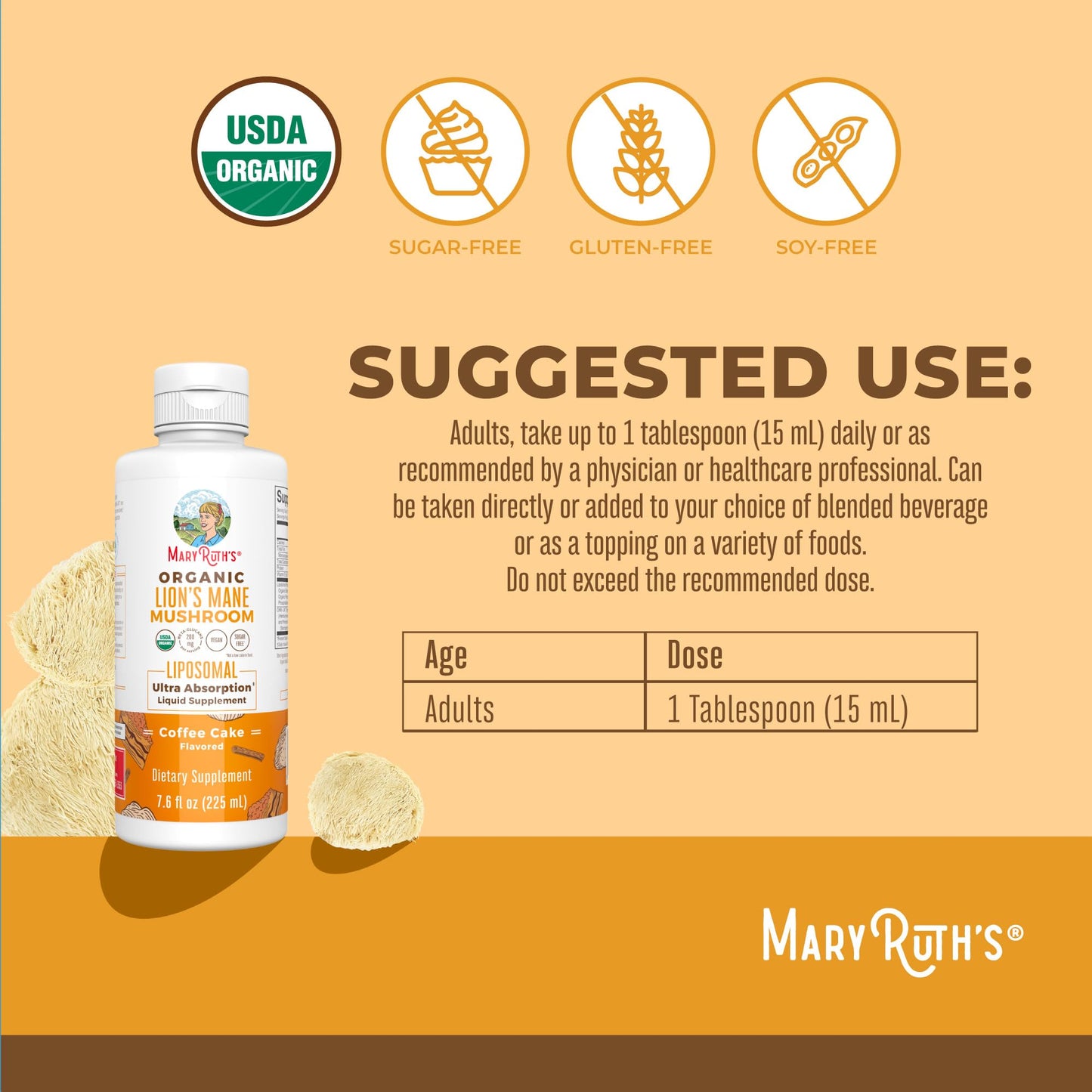 MaryRuth Organics Lions Mane Supplement | Ultra Absorption Liposomal | Full Spectrum Lion's Mane Mushroom | 200mg Beta-Glucans Per Serving | USDA Organic | Vegan | 7.6 oz | 15 Servings - Maple Wellness Supplements