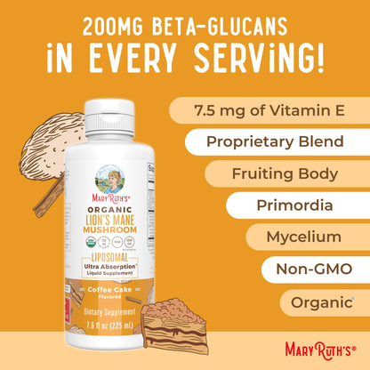 MaryRuth Organics Lions Mane Supplement | Ultra Absorption Liposomal | Full Spectrum Lion's Mane Mushroom | 200mg Beta-Glucans Per Serving | USDA Organic | Vegan | 7.6 oz | 15 Servings - Maple Wellness Supplements
