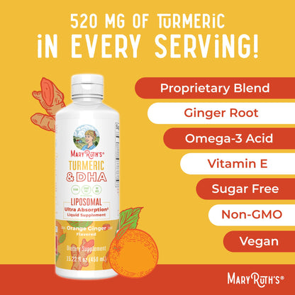MaryRuth Organics | Liposomal Turmeric & DHA | Curcumin | Ginger Root Oil | Algal DHA & Vitamin E | Cognitive Function | Mood Support | Joint Health | Liquid Supplement | 15.22 oz - Maple Wellness Supplements