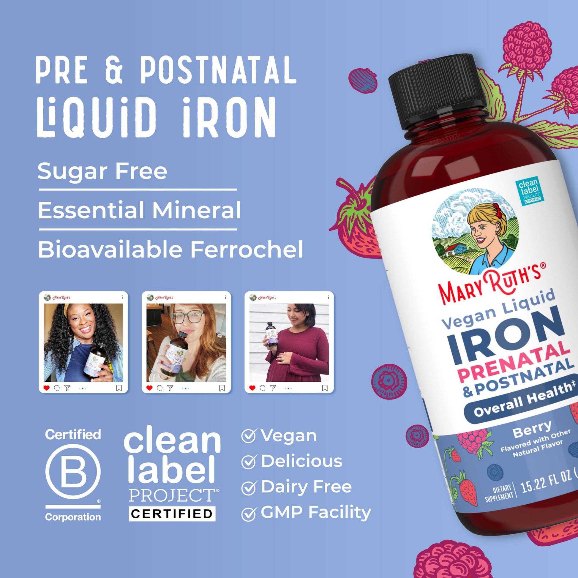 MaryRuth Organics | Liquid Iron Supplement Prenatal & Postnatal for Pregnant & Lactating | Iron Deficiency | Immune Support | Sugar/Gluten Free | Vegan | Non-GMO | 15.22 Fl Oz - Maple Wellness Supplements