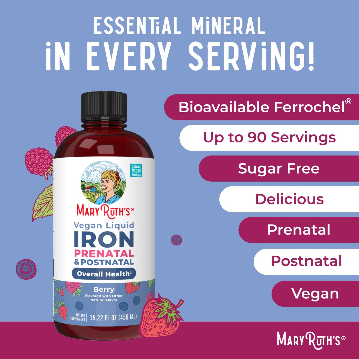 MaryRuth Organics | Liquid Iron Supplement Prenatal & Postnatal for Pregnant & Lactating | Iron Deficiency | Immune Support | Sugar/Gluten Free | Vegan | Non-GMO | 15.22 Fl Oz - Maple Wellness Supplements
