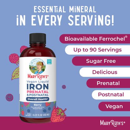 MaryRuth Organics | Liquid Iron Supplement Prenatal & Postnatal for Pregnant & Lactating | Iron Deficiency | Immune Support | Sugar/Gluten Free | Vegan | Non-GMO | 15.22 Fl Oz - Maple Wellness Supplements