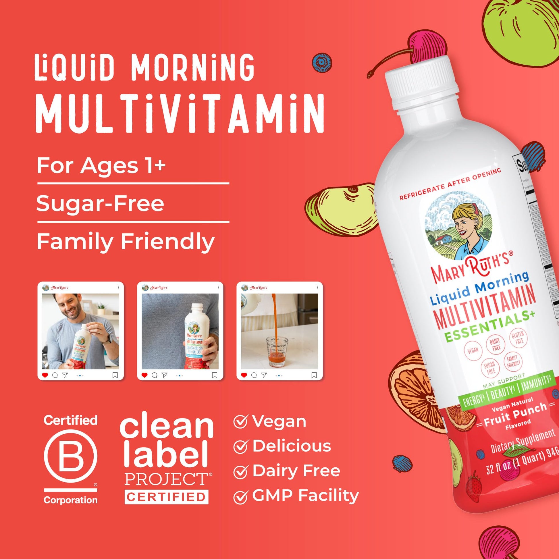 MaryRuth Organics Liquid Morning Multivitamin Essentials+ | Vitamin A C D E B6 B12 Biotin Zinc, Mens Womens Multivitamin, Immune Support, Beauty | Sugar Free | Vitamins for Ages 1+ | Vegan | 32 Fl Oz - Maple Wellness Supplements
