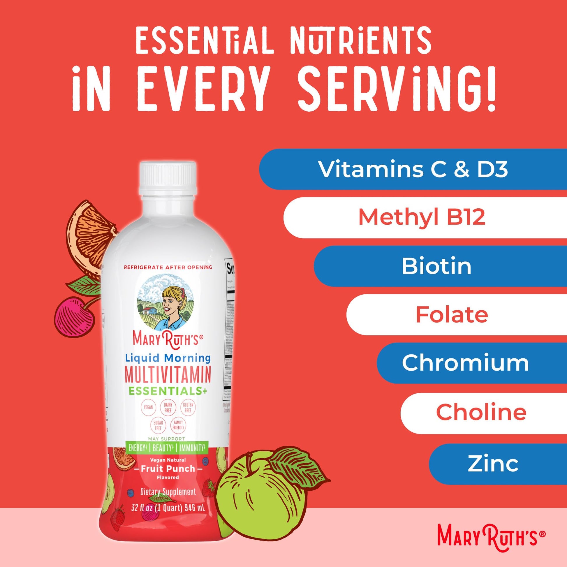 MaryRuth Organics Liquid Morning Multivitamin Essentials+ | Vitamin A C D E B6 B12 Biotin Zinc, Mens Womens Multivitamin, Immune Support, Beauty | Sugar Free | Vitamins for Ages 1+ | Vegan | 32 Fl Oz - Maple Wellness Supplements