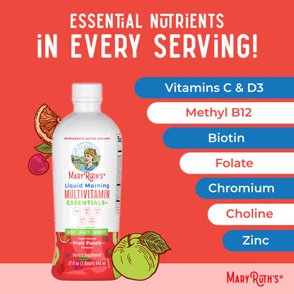 MaryRuth Organics Liquid Morning Multivitamin Essentials+ | Vitamin A C D E B6 B12 Biotin Zinc, Mens Womens Multivitamin, Immune Support, Beauty | Sugar Free | Vitamins for Ages 1+ | Vegan | 32 Fl Oz - Maple Wellness Supplements