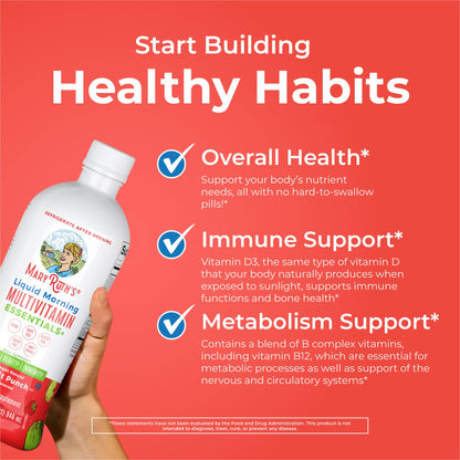 MaryRuth Organics Liquid Morning Multivitamin Essentials+ | Vitamin A C D E B6 B12 Biotin Zinc, Mens Womens Multivitamin, Immune Support, Beauty | Sugar Free | Vitamins for Ages 1+ | Vegan | 32 Fl Oz - Maple Wellness Supplements