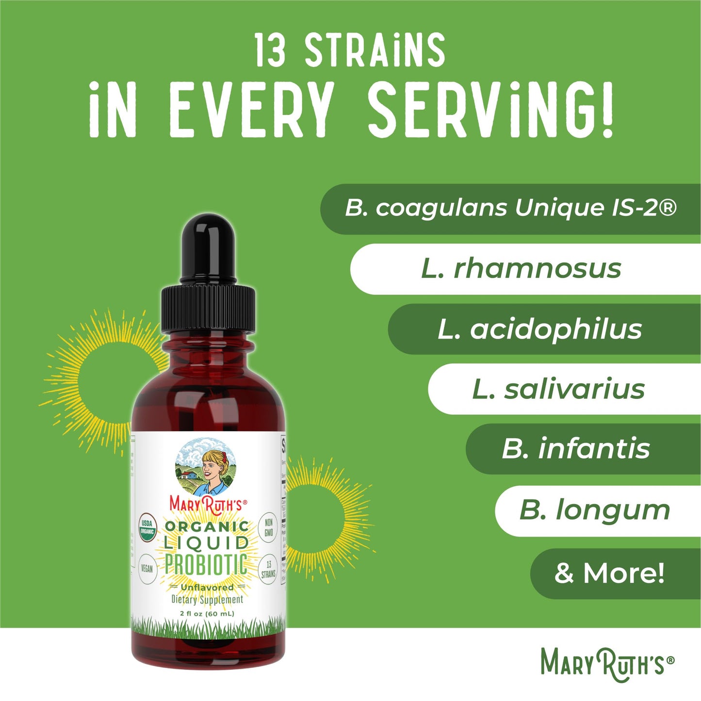 MaryRuth Organics Liquid Probiotic for Ages 4+ | 2 Billion CFU | 13 Probiotic Strains | Gut Health & Digestive Support | Gas & Bloating Support | Vegan | Gluten Free | Travel-Friendly | 20 Servings - Maple Wellness Supplements