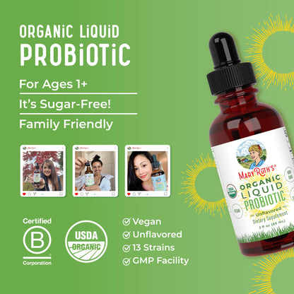 MaryRuth Organics Liquid Probiotic for Ages 4+ | 2 Billion CFU | 13 Probiotic Strains | Gut Health & Digestive Support | Gas & Bloating Support | Vegan | Gluten Free | Travel-Friendly | 20 Servings - Maple Wellness Supplements