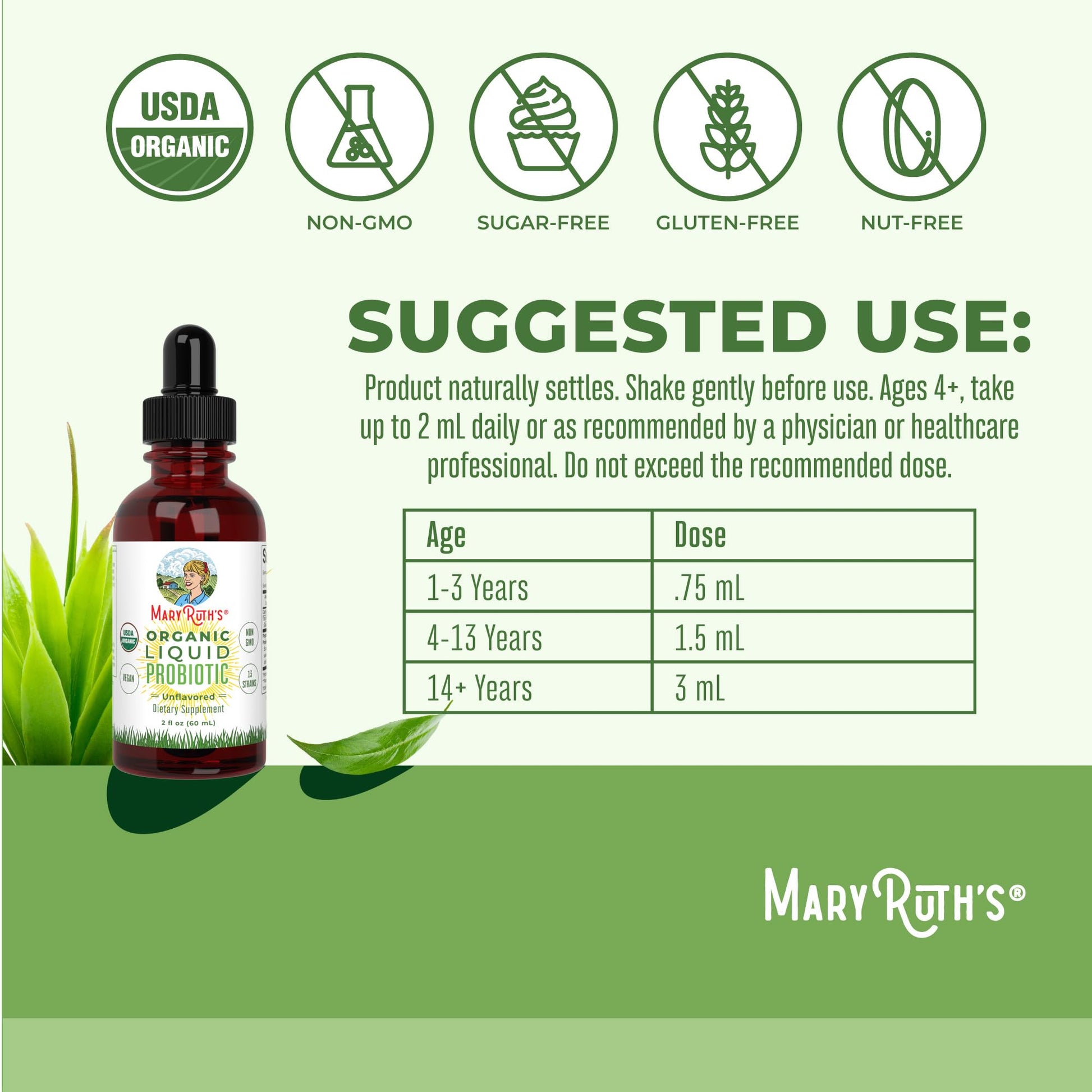 MaryRuth Organics Liquid Probiotic for Ages 4+ | 2 Billion CFU | 13 Probiotic Strains | Gut Health & Digestive Support | Gas & Bloating Support | Vegan | Gluten Free | Travel-Friendly | 20 Servings - Maple Wellness Supplements