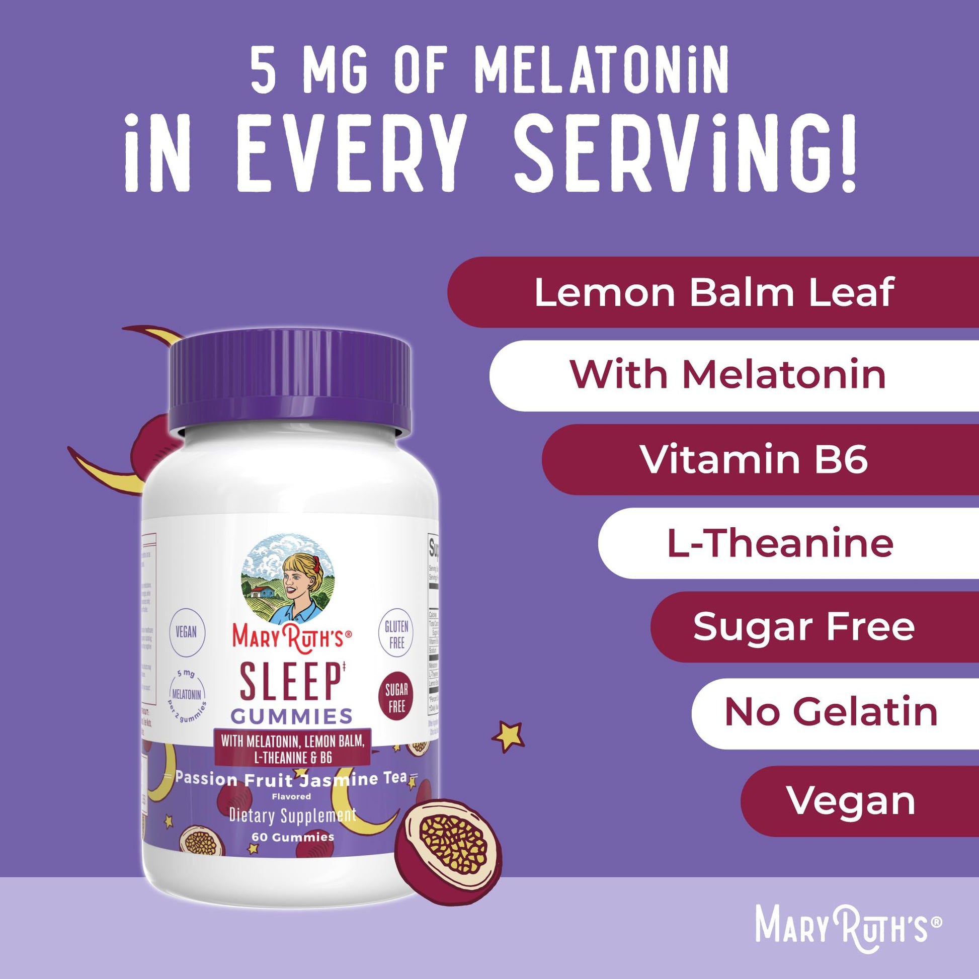 MaryRuth Organics Melatonin 5mg Sleep Gummy with L-Theanine | Lemon Balm | Vitamin B6 | Sugar-Free | Relaxation | Vegan | Non-GMO | Gluten Free | 60 Count - Maple Wellness Supplements