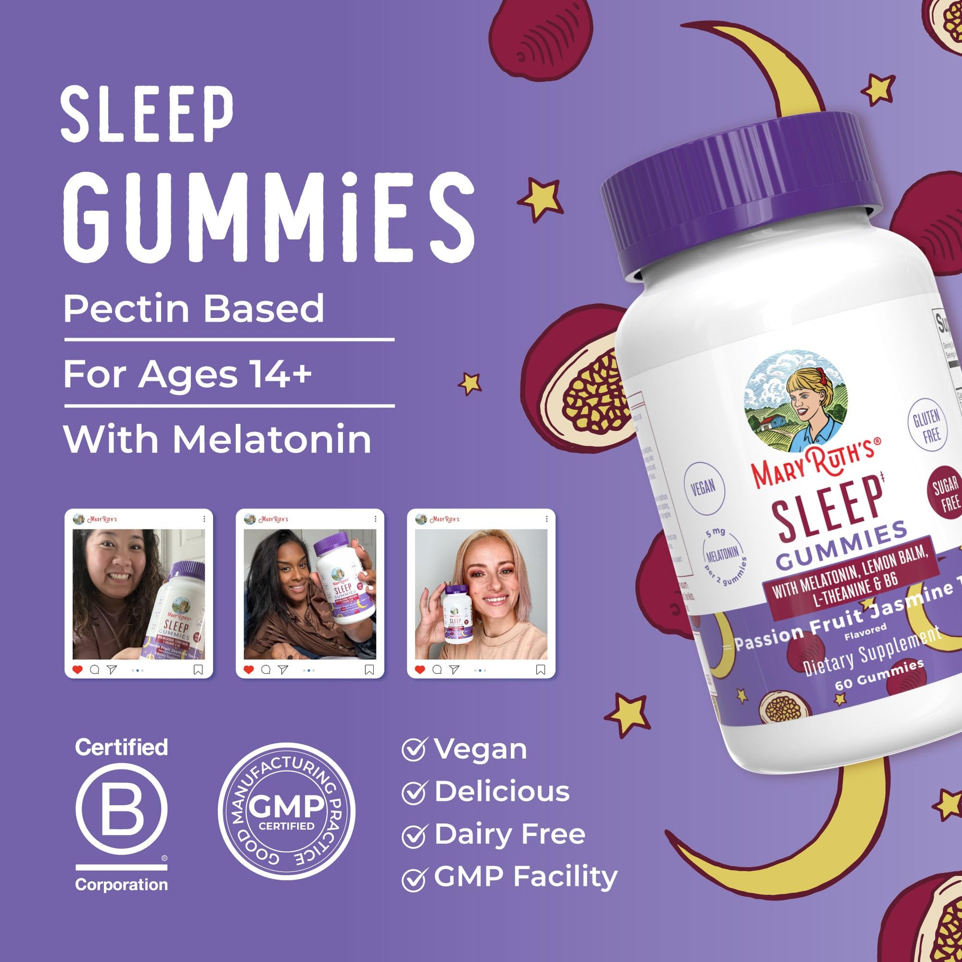 MaryRuth Organics Melatonin 5mg Sleep Gummy with L-Theanine | Lemon Balm | Vitamin B6 | Sugar-Free | Relaxation | Vegan | Non-GMO | Gluten Free | 60 Count - Maple Wellness Supplements