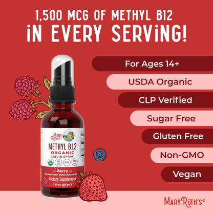 MaryRuth Organics Methyl B12 Spray | 1,500 mcg B12 Per Serving | Methylcobalamin | Energy Metabolism | Nervous System Support | Neuro Health | Vegan | Gluten Free | Sugar Free | 1 Fl Oz - Maple Wellness Supplements