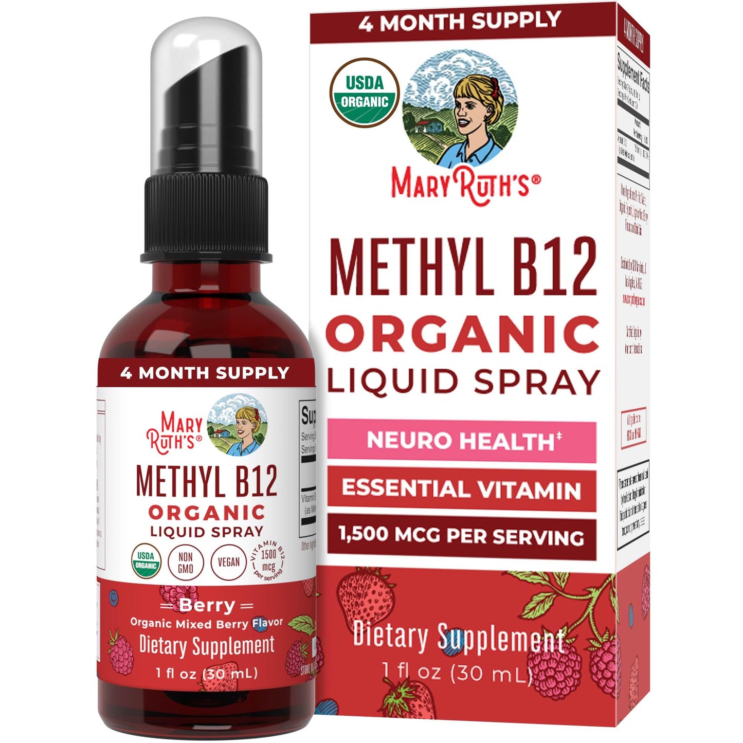 MaryRuth Organics Methyl B12 Spray | 1,500 mcg B12 Per Serving | Methylcobalamin | Energy Metabolism | Nervous System Support | Neuro Health | Vegan | Gluten Free | Sugar Free | 1 Fl Oz - Maple Wellness Supplements