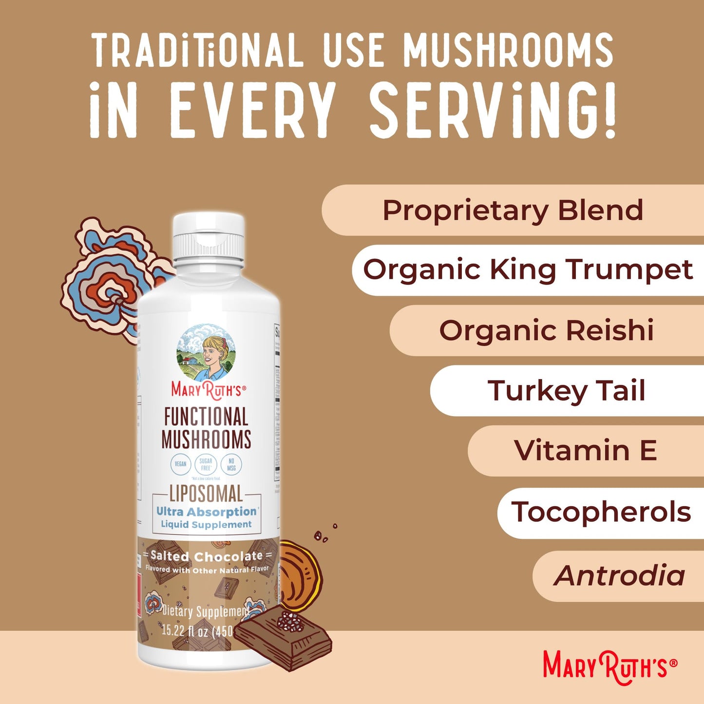 MaryRuth Organics Mushroom, Mushroom Supplement, Mushroom Liquid Vitamin, Reishi Mushroom Supplement for Immune Support, Turkey Tail Vitamin for Stress Relief, Vegan, Non-GMO, Gluten Free, 15.22 Fl Oz - Maple Wellness Supplements
