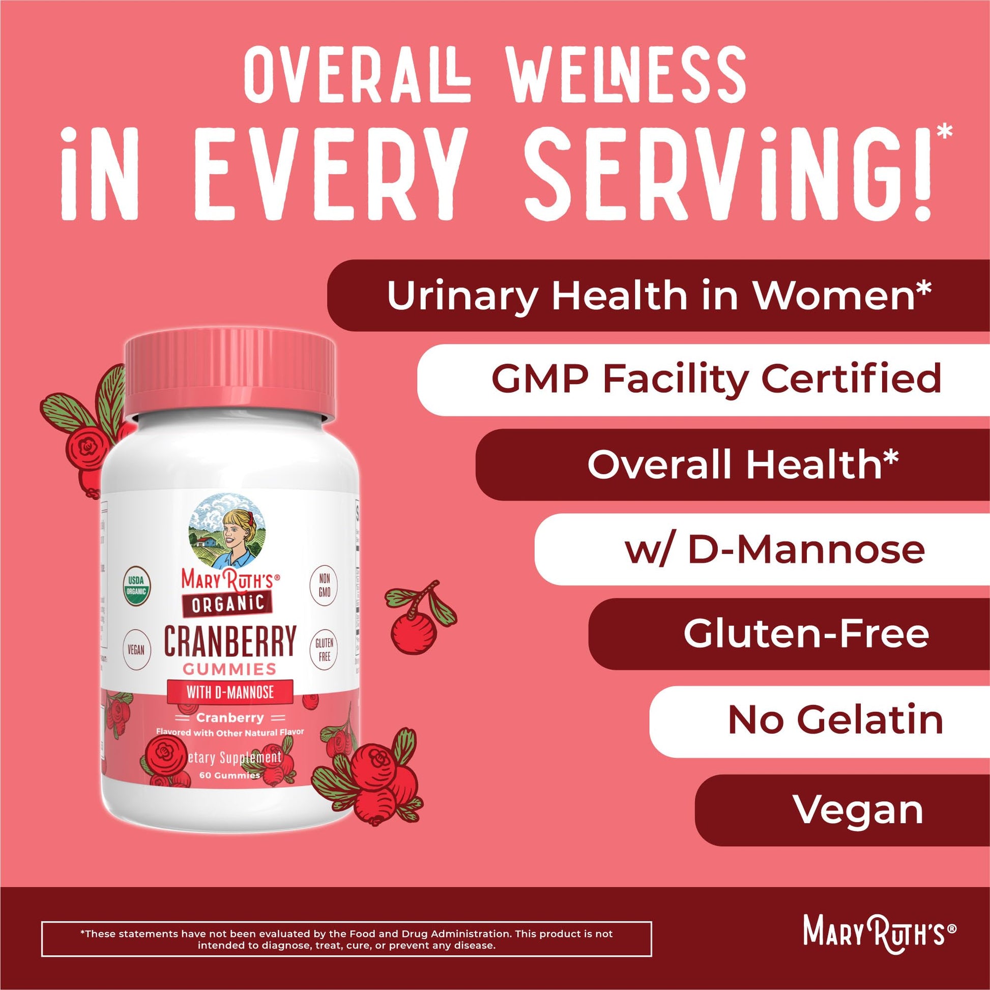 MaryRuth Organics Organic Cranberry Gummies - 500mg Supplement | Urinary Tract Health for Women | with D Mannose | Traditional Use - Maple Wellness Supplements