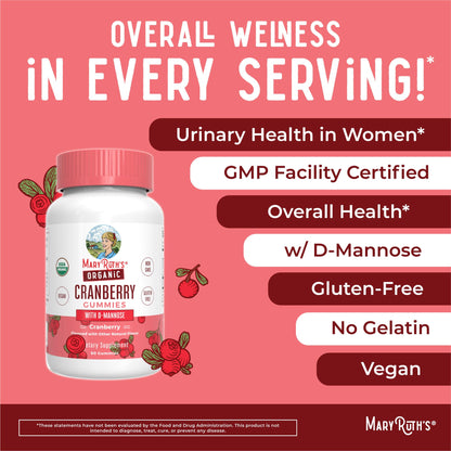 MaryRuth Organics Organic Cranberry Gummies - 500mg Supplement | Urinary Tract Health for Women | with D Mannose | Traditional Use - Maple Wellness Supplements