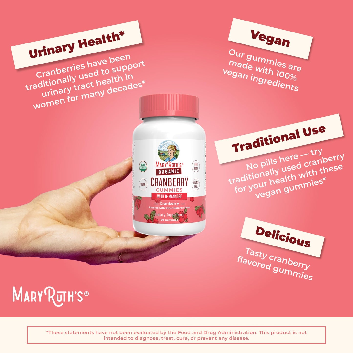MaryRuth Organics Organic Cranberry Gummies - 500mg Supplement | Urinary Tract Health for Women | with D Mannose | Traditional Use - Maple Wellness Supplements