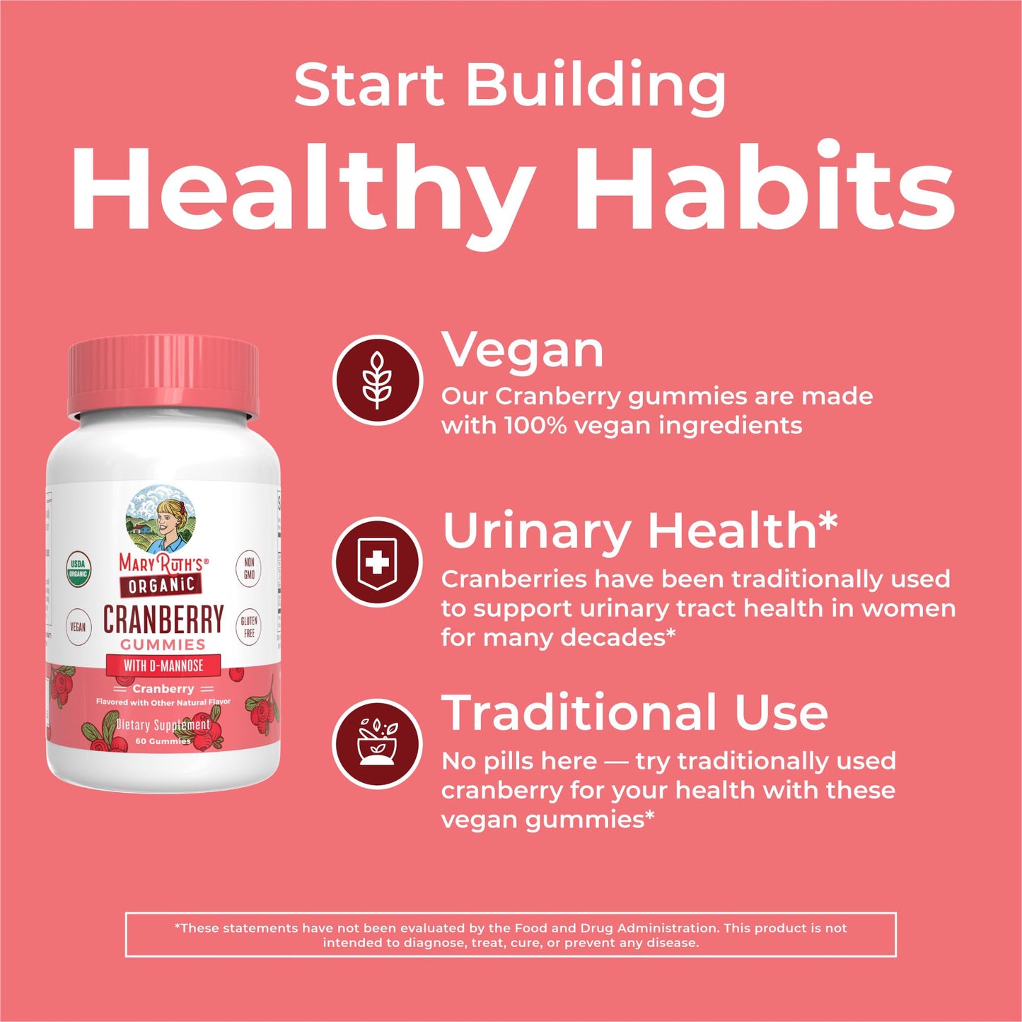 MaryRuth Organics Organic Cranberry Gummies - 500mg Supplement | Urinary Tract Health for Women | with D Mannose | Traditional Use - Maple Wellness Supplements