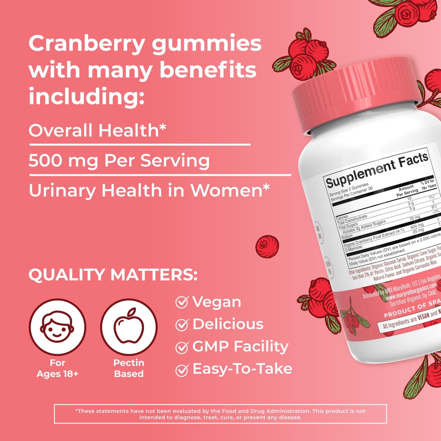 MaryRuth Organics Organic Cranberry Gummies - 500mg Supplement | Urinary Tract Health for Women | with D Mannose | Traditional Use - Maple Wellness Supplements