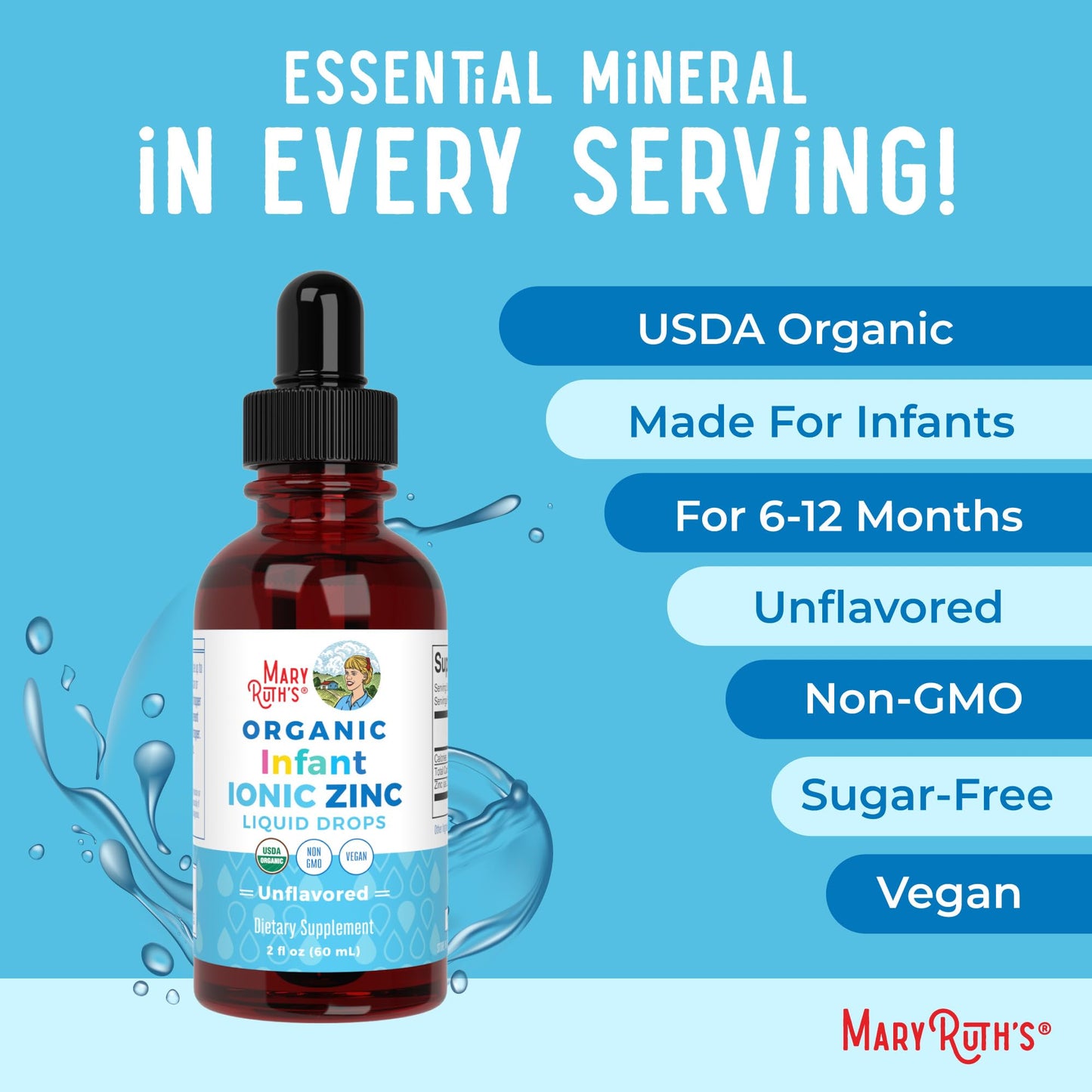 MaryRuth Organics Organic Infant Ionic Zinc Liquid Drops | Zinc Sulfate for Immune Support | Organic Glycerin | Antioxidant | Vegan | Formulated for Babies Ages 6-12 Months | 1 Month Supply | 2 Fl Oz - Maple Wellness Supplements