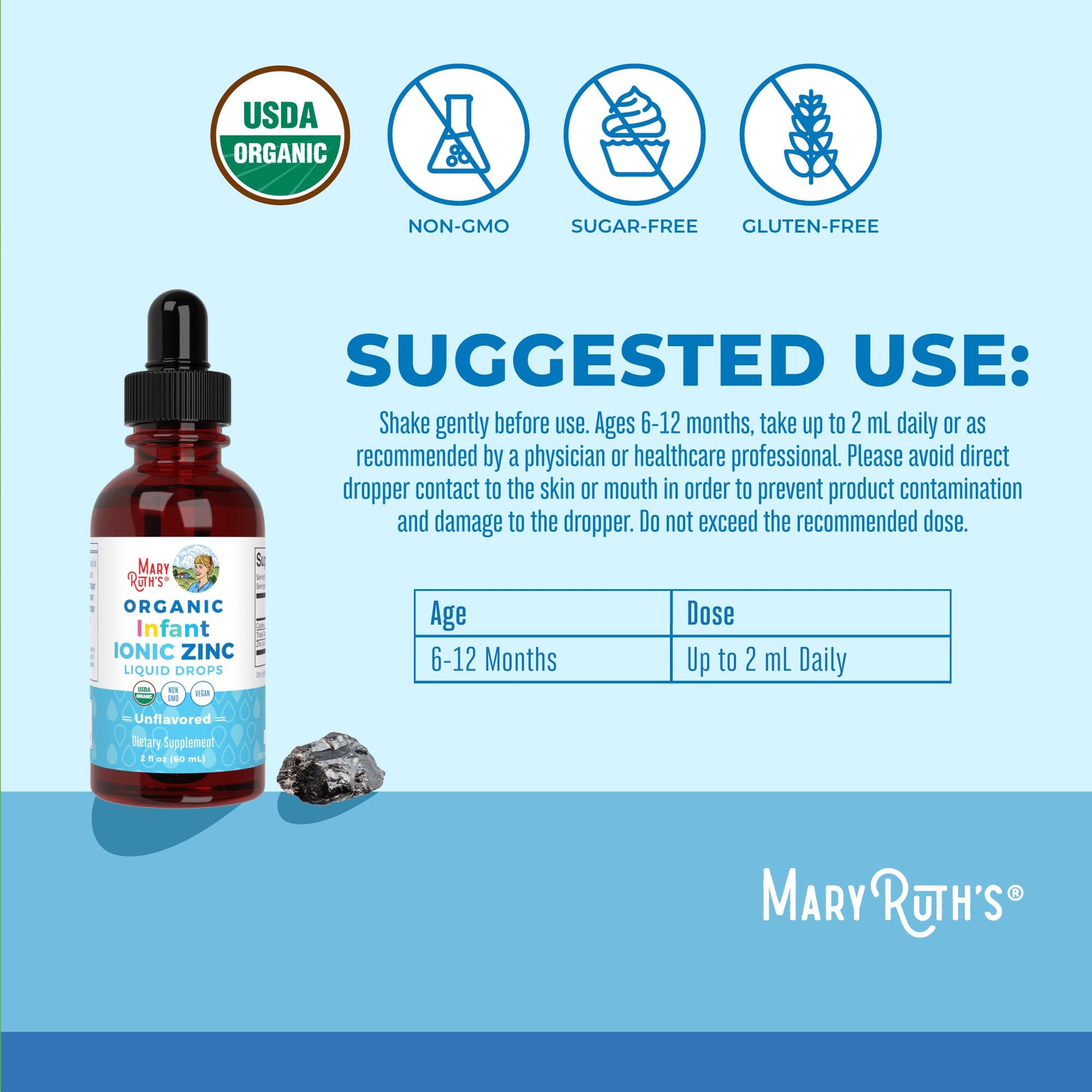 MaryRuth Organics Organic Infant Ionic Zinc Liquid Drops | Zinc Sulfate for Immune Support | Organic Glycerin | Antioxidant | Vegan | Formulated for Babies Ages 6-12 Months | 1 Month Supply | 2 Fl Oz - Maple Wellness Supplements