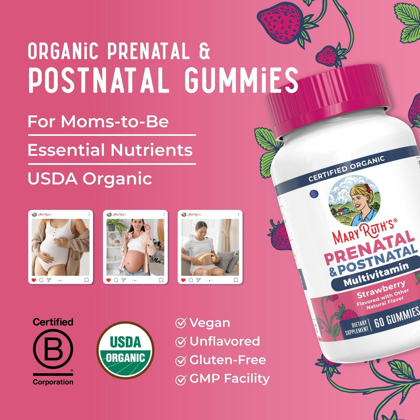 MaryRuth Organics Prenatal Vitamins for Women | USDA Organic Prenatal Gummies | Postnatal Vitamins for Women Breastfeeding | Methylfolate 800 mcg DFE | Iodine | Vegan | Non GMO | 30 Servings - Maple Wellness Supplements
