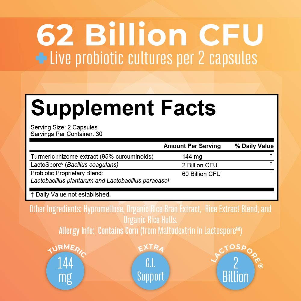 MaryRuth Organics Probiotic Turmeric + Extra GI Support | 62 Billion CFU | Organic Ingredients Turmeric Complex with Probiotics | Turmeric Curcumin Capsules for Digestion | Vegan | 60 Count - Maple Wellness Supplements