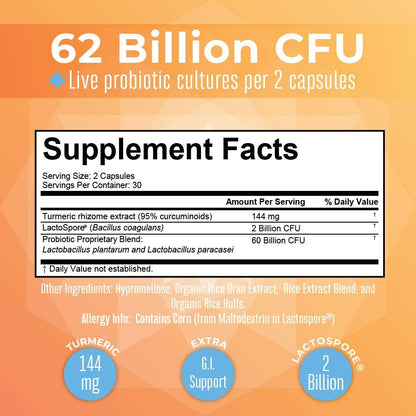 MaryRuth Organics Probiotic Turmeric + Extra GI Support | 62 Billion CFU | Organic Ingredients Turmeric Complex with Probiotics | Turmeric Curcumin Capsules for Digestion | Vegan | 60 Count - Maple Wellness Supplements
