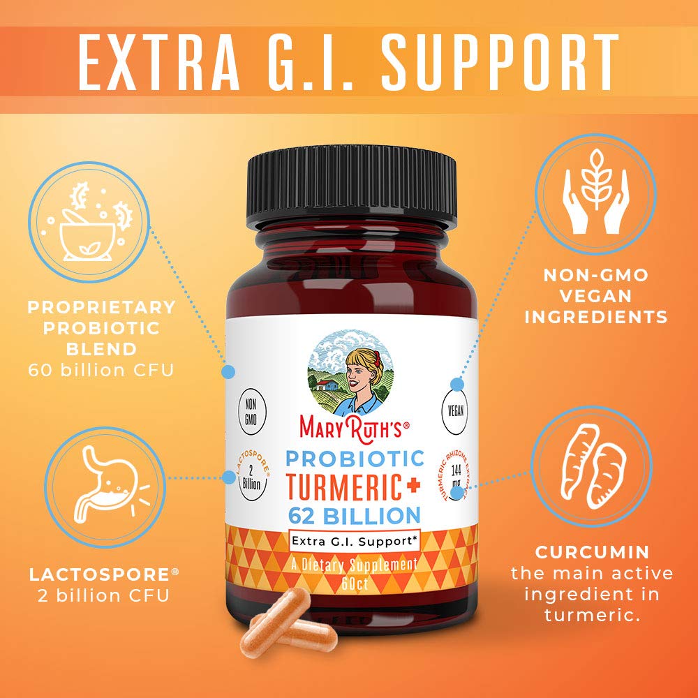 MaryRuth Organics Probiotic Turmeric + Extra GI Support | 62 Billion CFU | Organic Ingredients Turmeric Complex with Probiotics | Turmeric Curcumin Capsules for Digestion | Vegan | 60 Count - Maple Wellness Supplements