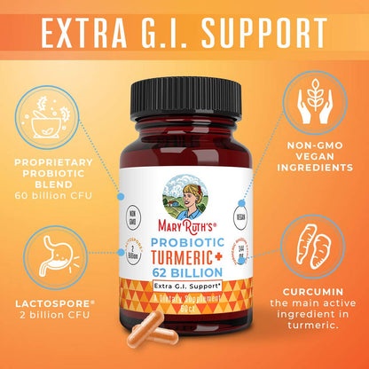 MaryRuth Organics Probiotic Turmeric + Extra GI Support | 62 Billion CFU | Organic Ingredients Turmeric Complex with Probiotics | Turmeric Curcumin Capsules for Digestion | Vegan | 60 Count - Maple Wellness Supplements