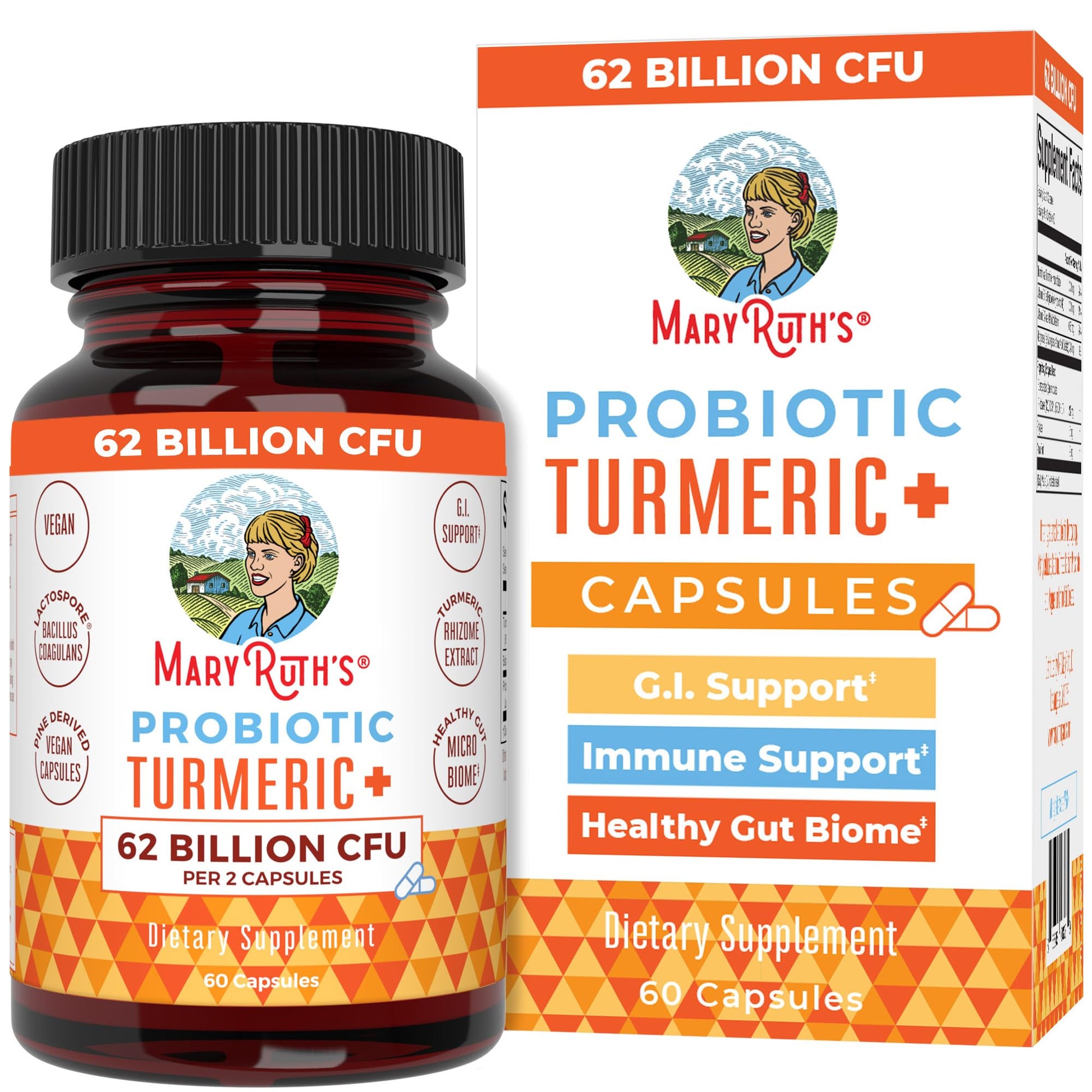 MaryRuth Organics Probiotic Turmeric + Extra GI Support | 62 Billion CFU | Organic Ingredients Turmeric Complex with Probiotics | Turmeric Curcumin Capsules for Digestion | Vegan | 60 Count - Maple Wellness Supplements