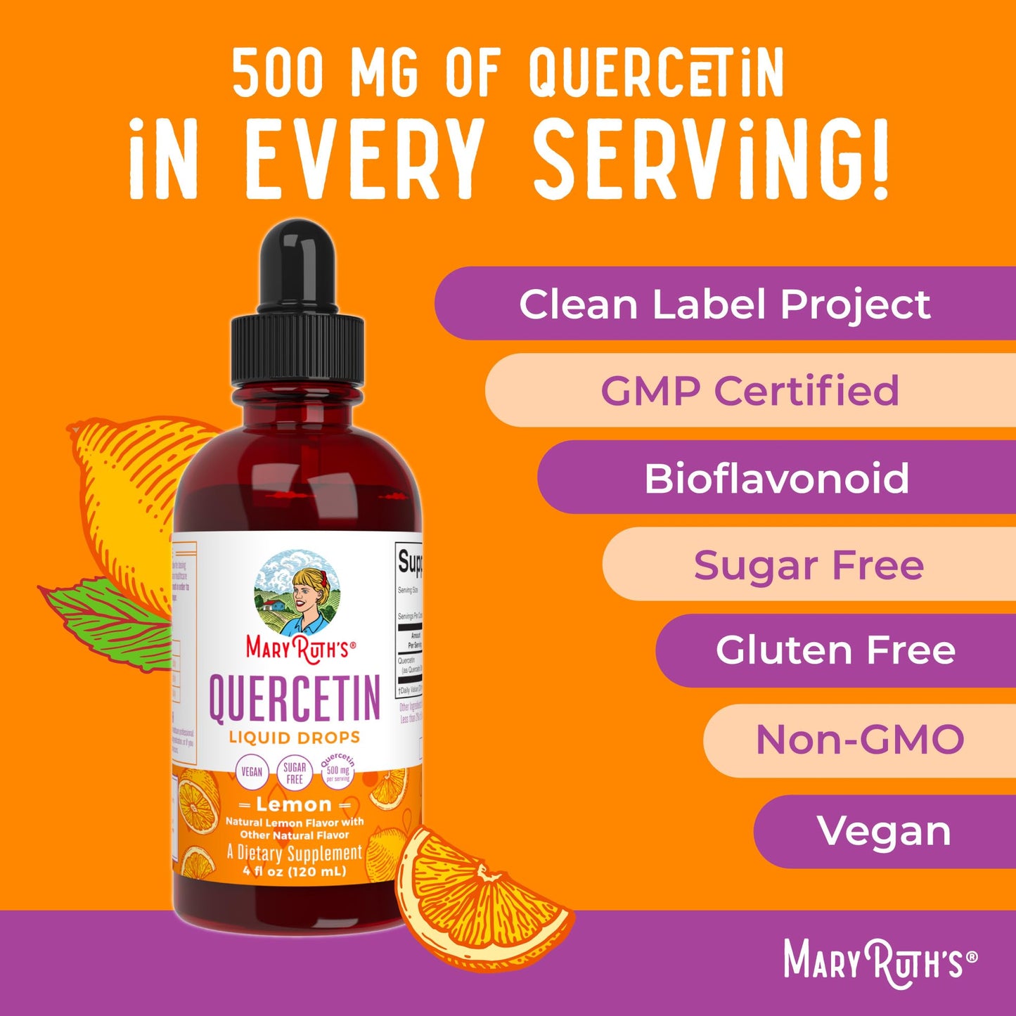 MaryRuth Organics Quercetin Liquid Drops | Sugar Free | 500mg for Adults 18 & Over | Cardiovascular Health for Adults | Bioflavonoid | Vegan | Non-GMO | Gluten Free | 4 Fl Oz - Maple Wellness Supplements