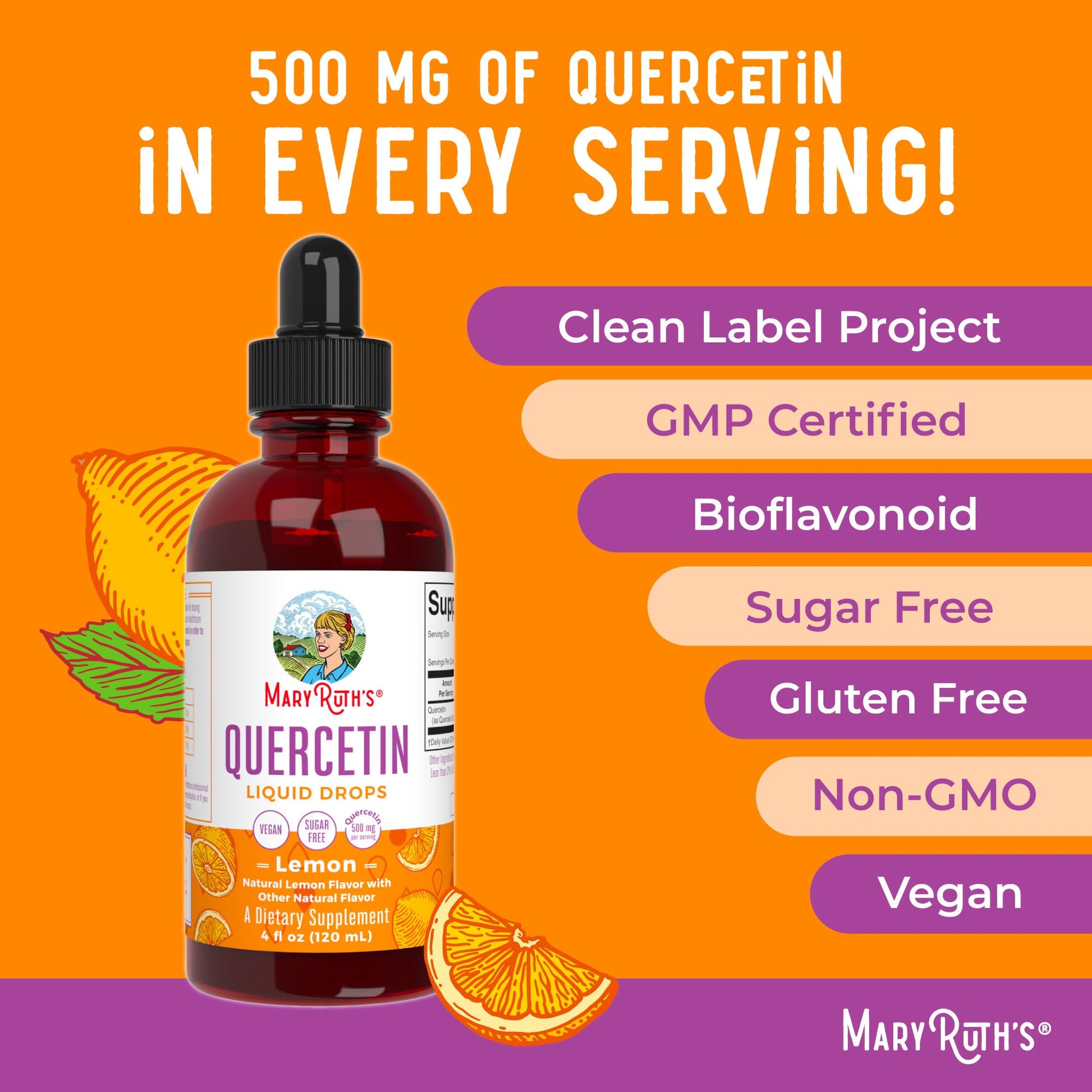 MaryRuth Organics Quercetin Liquid Drops | Sugar Free | 500mg for Adults 18 & Over | Cardiovascular Health for Adults | Bioflavonoid | Vegan | Non-GMO | Gluten Free | 4 Fl Oz - Maple Wellness Supplements