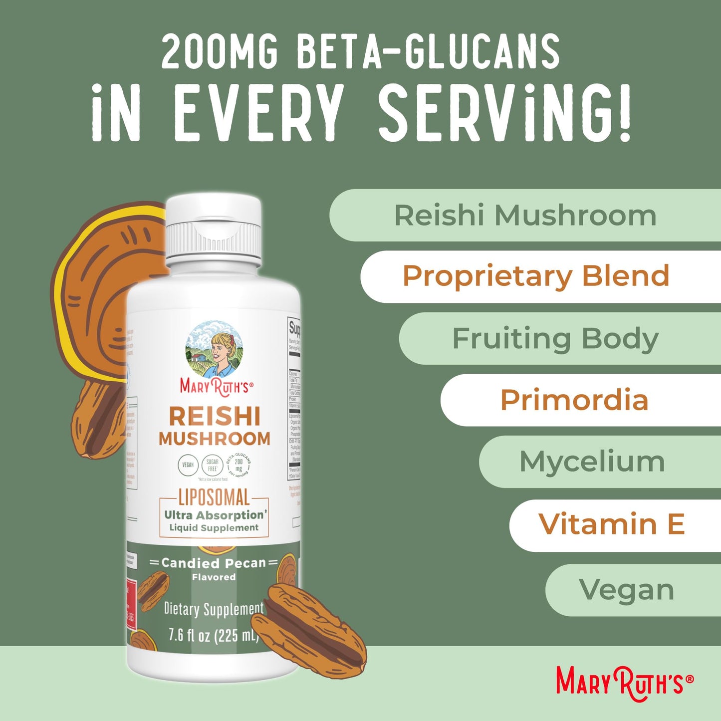 MaryRuth Organics Reishi Vegan Mushroom Supplement | Ultra Absorption Liposomal | Immune Support with 200mg Beta-Glucans, Vegan |Full Spectrum Reishi Mushrooms Fruiting Body | 7.6 oz, - Maple Wellness Supplements