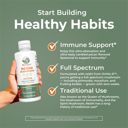 MaryRuth Organics Reishi Vegan Mushroom Supplement | Ultra Absorption Liposomal | Immune Support with 200mg Beta-Glucans, Vegan |Full Spectrum Reishi Mushrooms Fruiting Body | 7.6 oz, - Maple Wellness Supplements