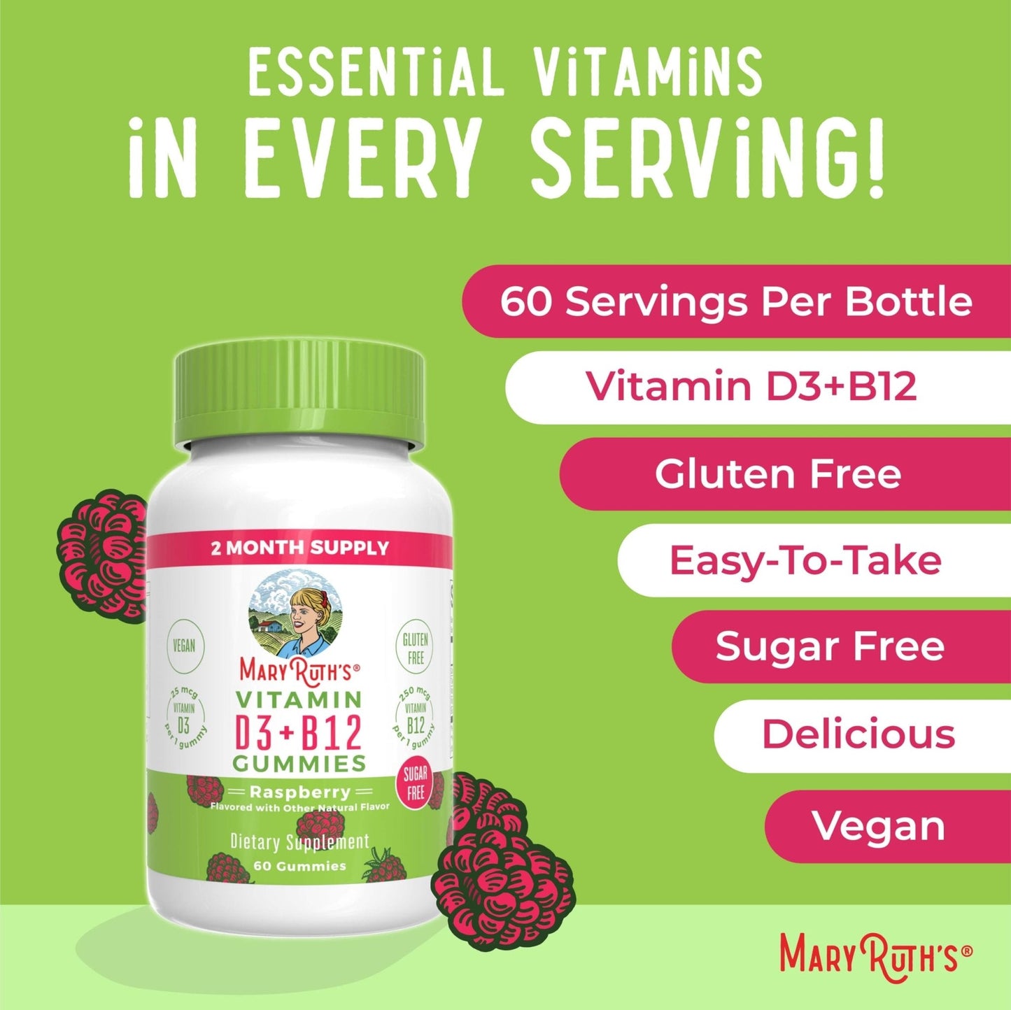 MaryRuth Organics Sugar Free | 2 Month Supply | Vitamin D & B12 Vitamin Supplements for Adults & Kids | Bone Health | Immune Support | Vegan | Non-GMO | 60 Servings - Maple Wellness Supplements