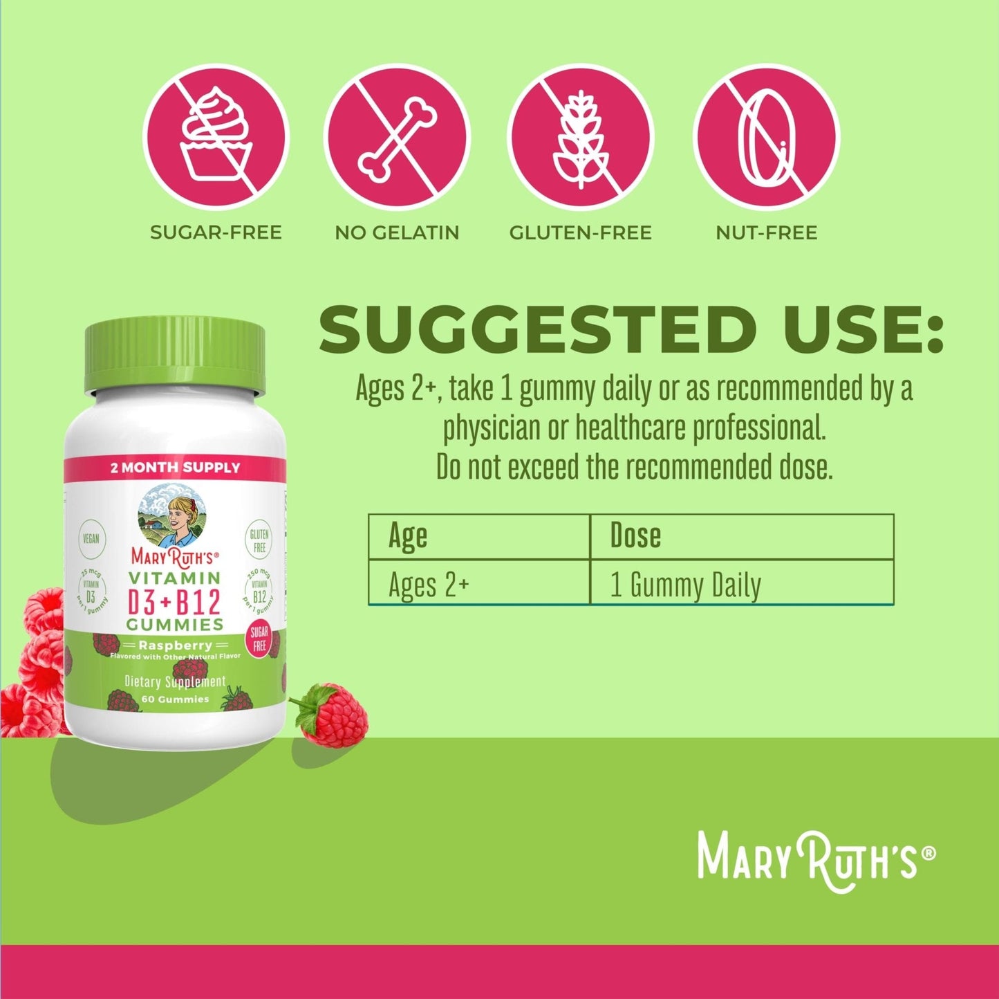 MaryRuth Organics Sugar Free | 2 Month Supply | Vitamin D & B12 Vitamin Supplements for Adults & Kids | Bone Health | Immune Support | Vegan | Non-GMO | 60 Servings - Maple Wellness Supplements