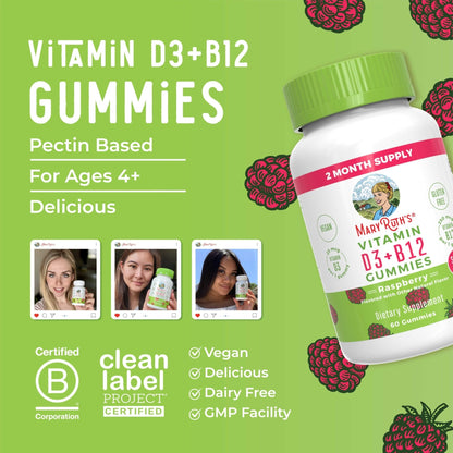 MaryRuth Organics Sugar Free | 2 Month Supply | Vitamin D & B12 Vitamin Supplements for Adults & Kids | Bone Health | Immune Support | Vegan | Non-GMO | 60 Servings - Maple Wellness Supplements