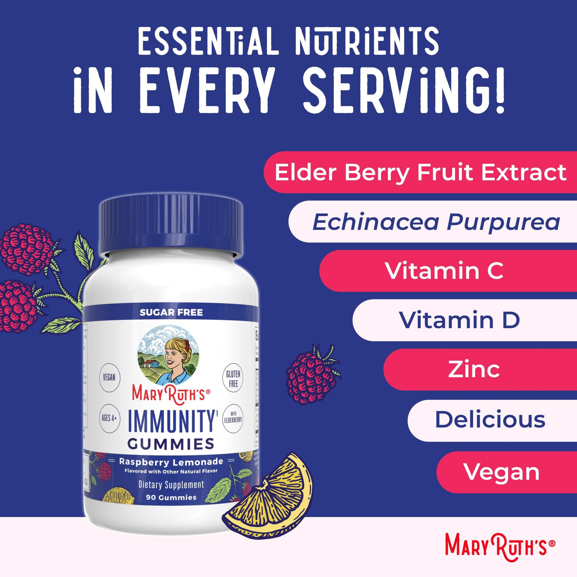 MaryRuth Organics Sugar Free Immunity Gummies | Powerful Blend | Elderberry Vitamin C & Zinc | Vitamin D3 & Echinacea | Immune Support Supplement | Gummies for Kids & Adults | Vegan | Non GMO | 90ct - Maple Wellness Supplements