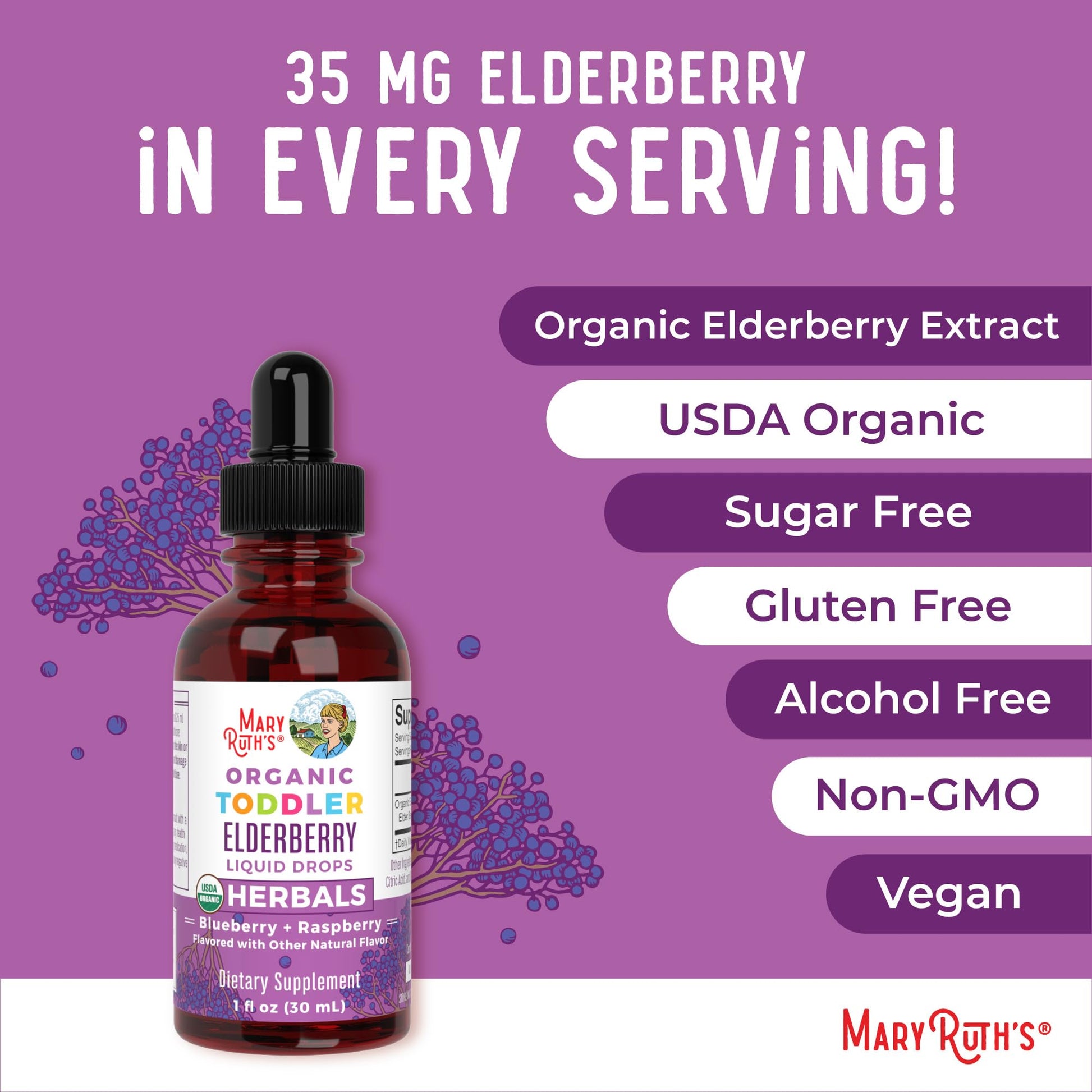 MaryRuth Organics Toddler Elderberry Syrup, USDA Organic Elderberry, Sugar Free Kids Immune Support Supplement for Ages 1-3 Years, Clean Label Project Verified®, Vegan, Non-GMO, Gluten Free, 1 Fl Oz - Maple Wellness Supplements