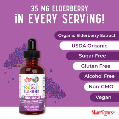 MaryRuth Organics Toddler Elderberry Syrup, USDA Organic Elderberry, Sugar Free Kids Immune Support Supplement for Ages 1-3 Years, Clean Label Project Verified®, Vegan, Non-GMO, Gluten Free, 1 Fl Oz - Maple Wellness Supplements