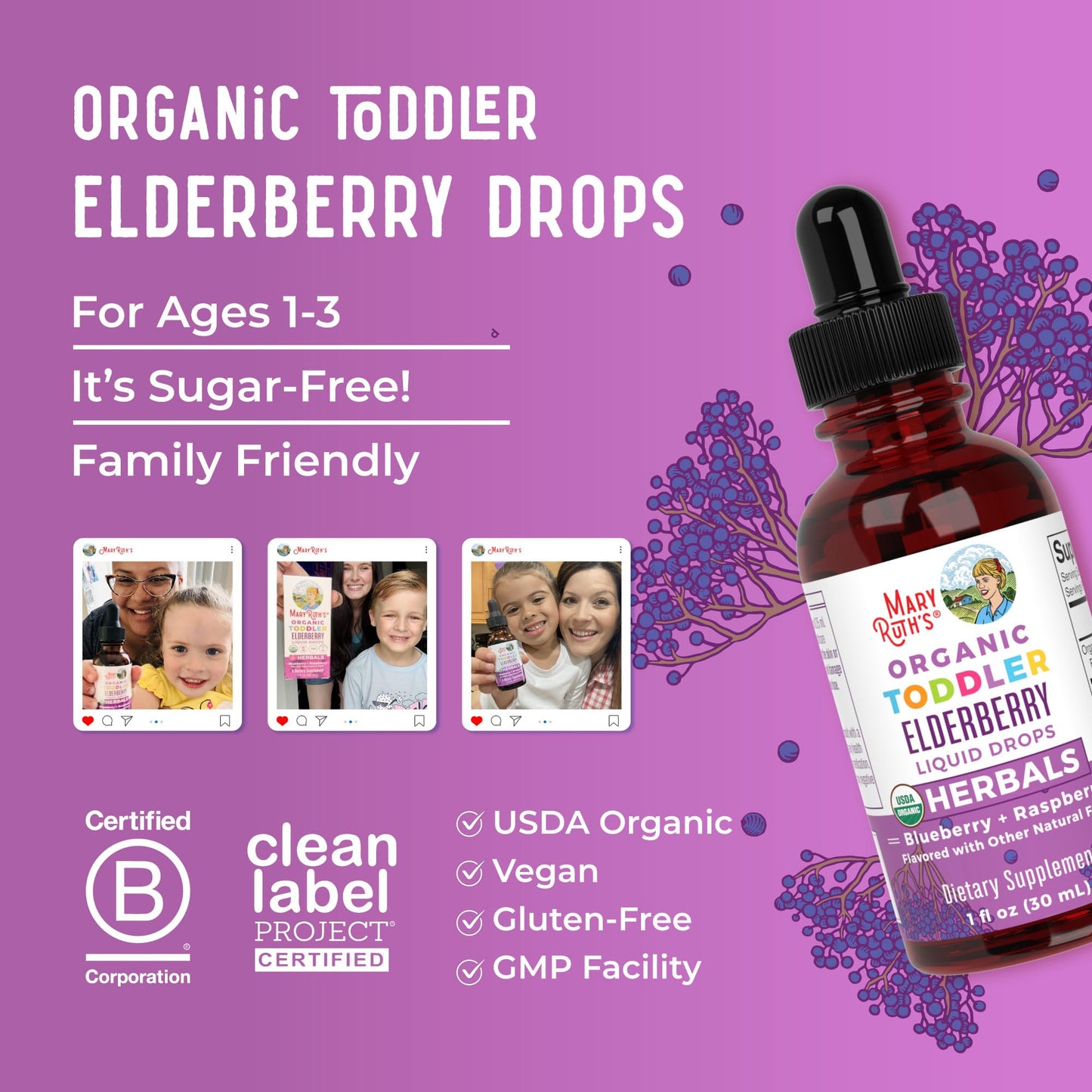 MaryRuth Organics Toddler Elderberry Syrup, USDA Organic Elderberry, Sugar Free Kids Immune Support Supplement for Ages 1-3 Years, Clean Label Project Verified®, Vegan, Non-GMO, Gluten Free, 1 Fl Oz - Maple Wellness Supplements