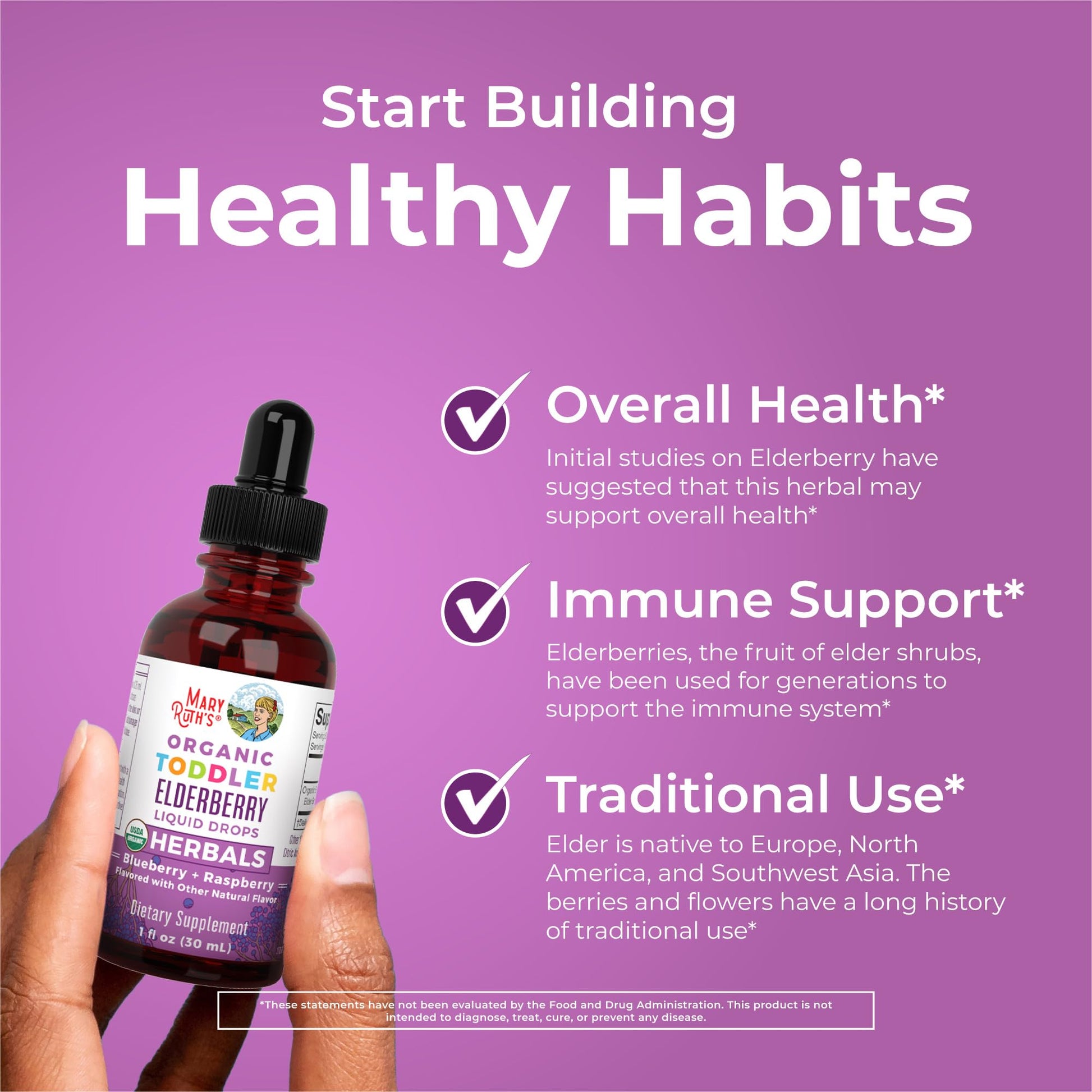 MaryRuth Organics Toddler Elderberry Syrup, USDA Organic Elderberry, Sugar Free Kids Immune Support Supplement for Ages 1-3 Years, Clean Label Project Verified®, Vegan, Non-GMO, Gluten Free, 1 Fl Oz - Maple Wellness Supplements