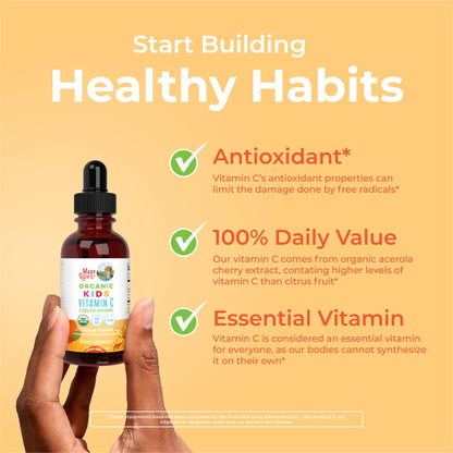 MaryRuth Organics USDA Kids Vitamin C Drops | Vegan Immune Support Supplement for Ages 4-13 | Immune Support & Overall Health | Vitamin C from Organic Acerola Fruit Extract | 2oz - Maple Wellness Supplements