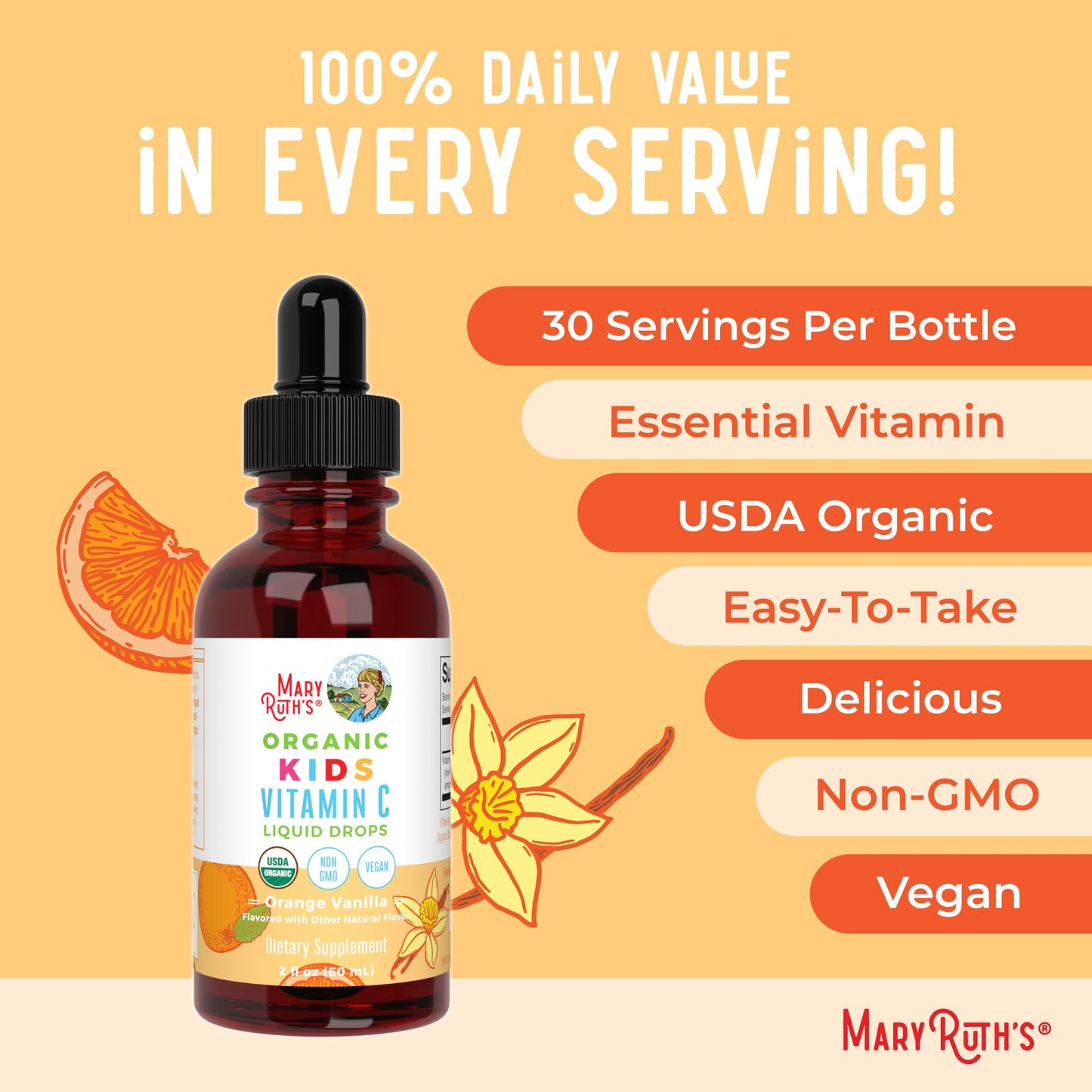 MaryRuth Organics USDA Kids Vitamin C Drops | Vegan Immune Support Supplement for Ages 4-13 | Immune Support & Overall Health | Vitamin C from Organic Acerola Fruit Extract | 2oz - Maple Wellness Supplements