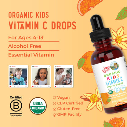 MaryRuth Organics USDA Kids Vitamin C Drops | Vegan Immune Support Supplement for Ages 4-13 | Immune Support & Overall Health | Vitamin C from Organic Acerola Fruit Extract | 2oz - Maple Wellness Supplements