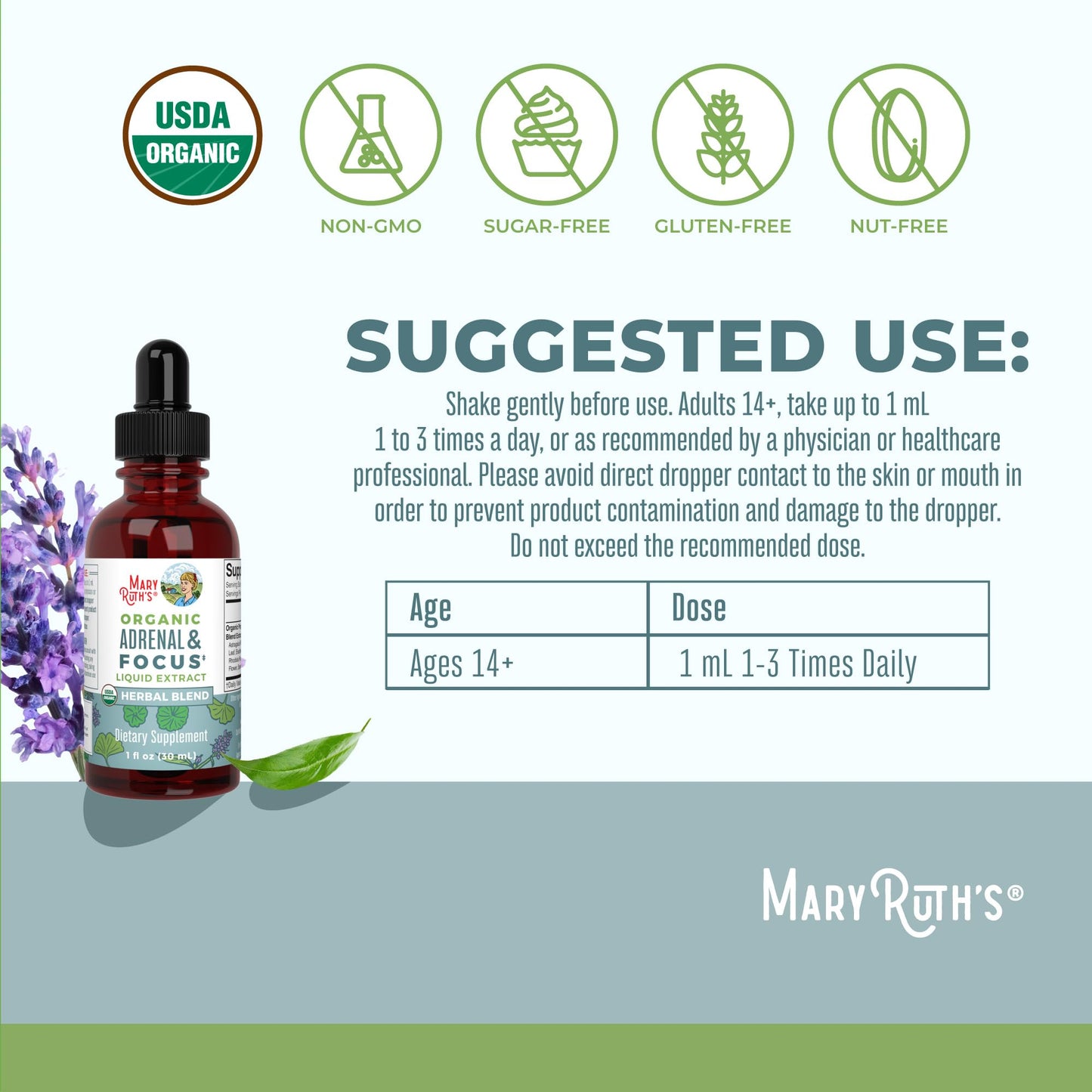 MaryRuth Organics - USDA Organic Brain Nootropic Supplement for Adults with Ginkgo Biloba & Astragalus | Focus & Adrenal Support | Brain & Memory Drops | Vegan | Non-GMO | Gluten Free | 30 Servings - Maple Wellness Supplements
