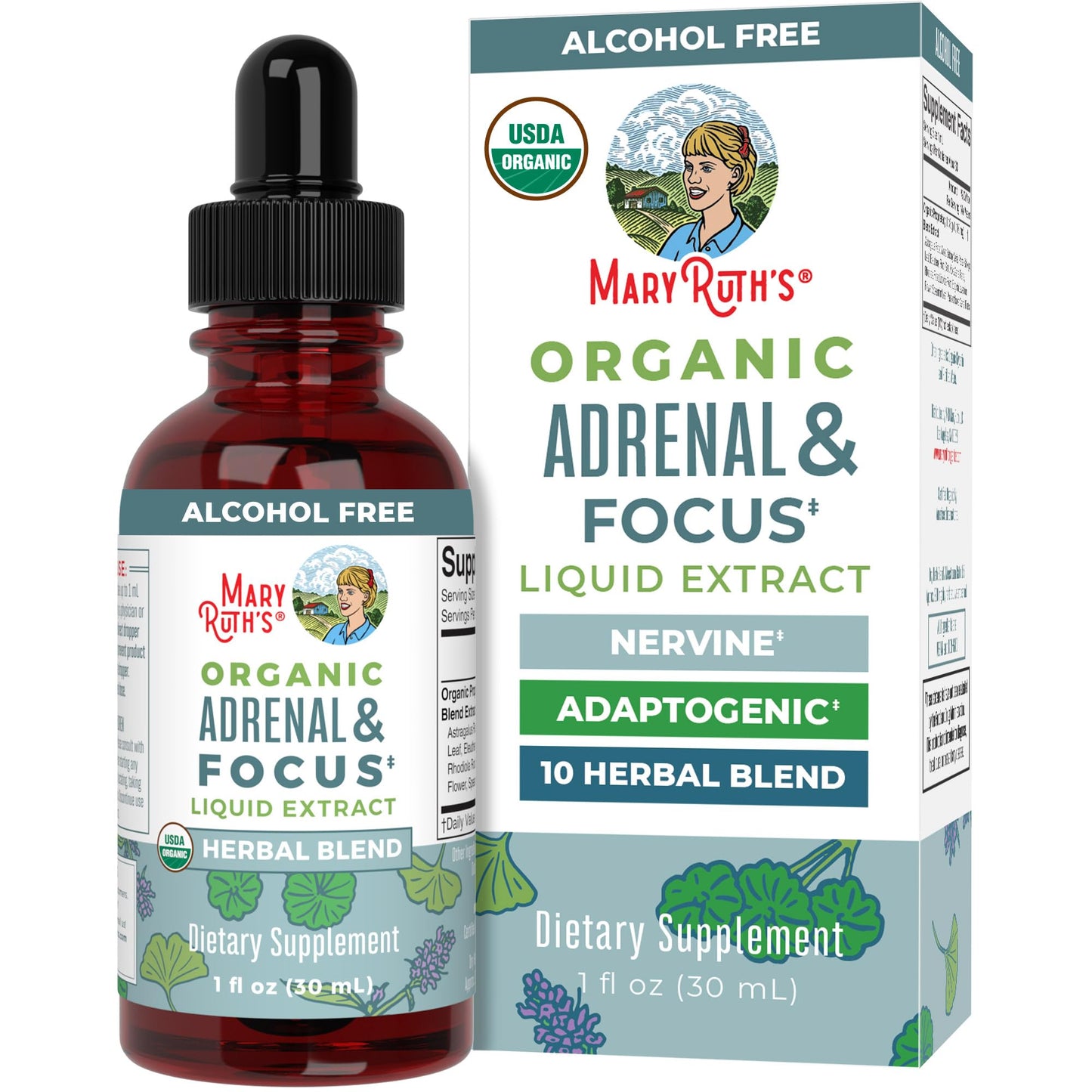 MaryRuth Organics - USDA Organic Brain Nootropic Supplement for Adults with Ginkgo Biloba & Astragalus | Focus & Adrenal Support | Brain & Memory Drops | Vegan | Non-GMO | Gluten Free | 30 Servings - Maple Wellness Supplements