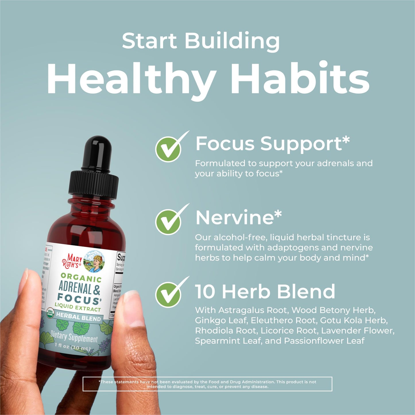 MaryRuth Organics - USDA Organic Brain Nootropic Supplement for Adults with Ginkgo Biloba & Astragalus | Focus & Adrenal Support | Brain & Memory Drops | Vegan | Non-GMO | Gluten Free | 30 Servings - Maple Wellness Supplements
